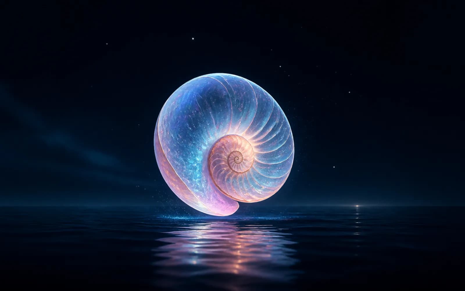 Pearlescent Hailuo shell floating above a midnight ocean